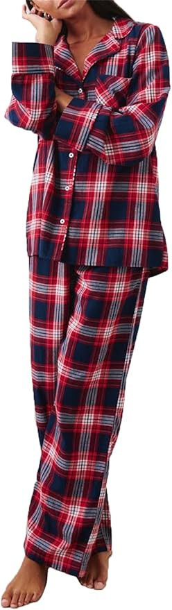 Alyweatry Women Holiday Plaid Pajama Set Long Sleeve Button Down Shirt and Pants with Pockets Chr... | Amazon (US)