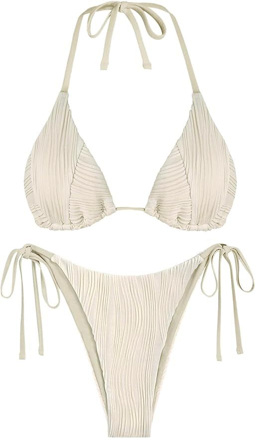 ZAFUL Bikini Sets for Women Halter Two Piece Swimsuit Ribbed High Cut Tie Side Thong Bathing Suit... | Amazon (US)