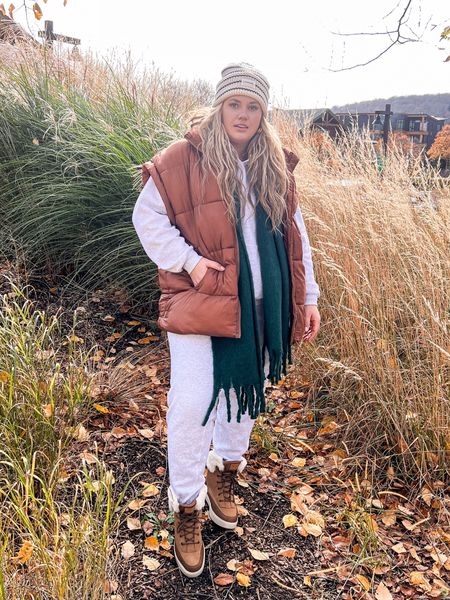 Winter layers you don’t want to miss out on!! This matching sweat set is so good I bought it in two colors! The pants are currently on sale, runs tts. My scarf is on major sale! Use code CYBERAF for an extra 15% off! I’m in an xl in the vest. Boots are waterproof + run tts! 

#LTKCyberWeek #LTKsalealert #LTKstyletip