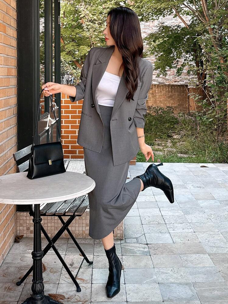 DAZY Letter Jacquard Loose Blazer & Skirt 2pcs Women Office Suit Set | SHEIN