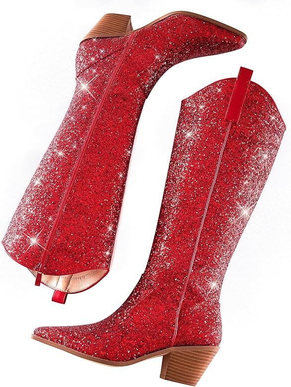 Eteridrey Cowboy Boots for Women Pointed Toe Western Cowgirl Boots Chunky High Heel Glitter Boots... | Amazon (US)