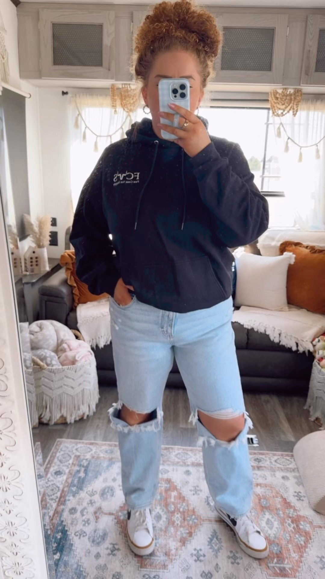 The kind of outfit I always come back to 🖤 Laid back, easy, and works every single time👏 black hoodie | light wash jeans | high waisted jeans | straight leg jeans | distressed jeans | ripped knee jeans | casual outfit | everyday outfit | laid back style | street style | comfy casual | off duty outfit | nike sneakers | basic outfit | effortless style

#LTKootd #LTKgrwm #LTKdayinmylife