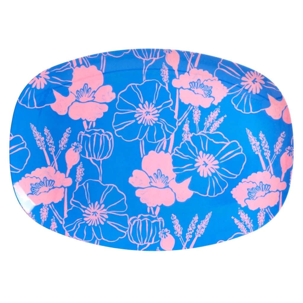Medium Melamine Rectangular Plate - Blue - Poppies Love Print | Rice By Rice
