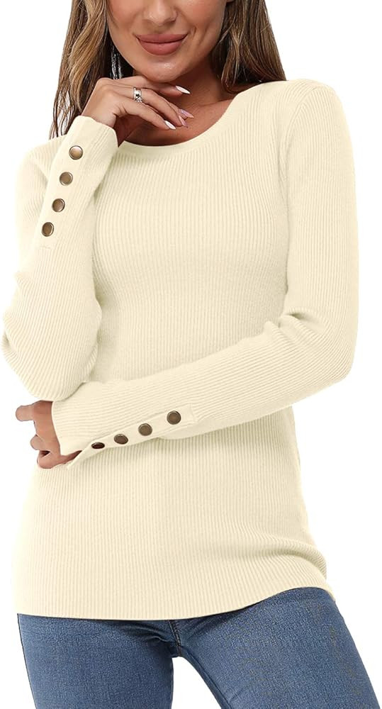 Newshows Women's 2025 Fall Sweater Long Sleeve Knit Crew Neck Lightweight Button Stretch Pullover... | Amazon (CA)