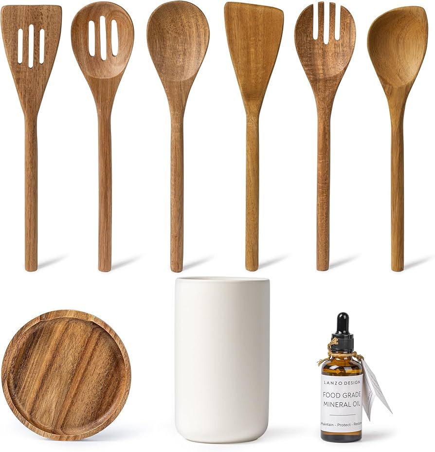 Kitchen Utensil Set, 8 pcs Wooden Cooking Utensils Spatula Set with Ceramic Holder (White Holder) | Amazon (US)
