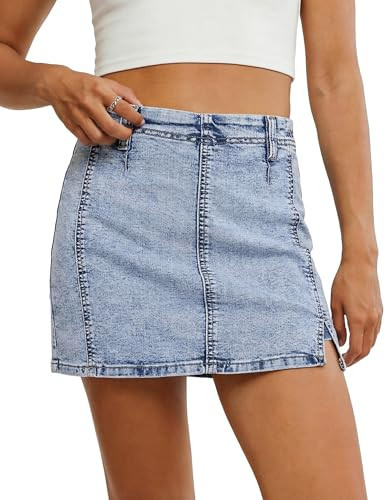 luvamia Jean High Waisted Skirts for Women Side Slit Mini Skort with Shorts Stretchy Denim Shorts Country Concert Womens Mini Skirt Roadknight Blue Acid Wash Large US Size 12-14 | Amazon (US)