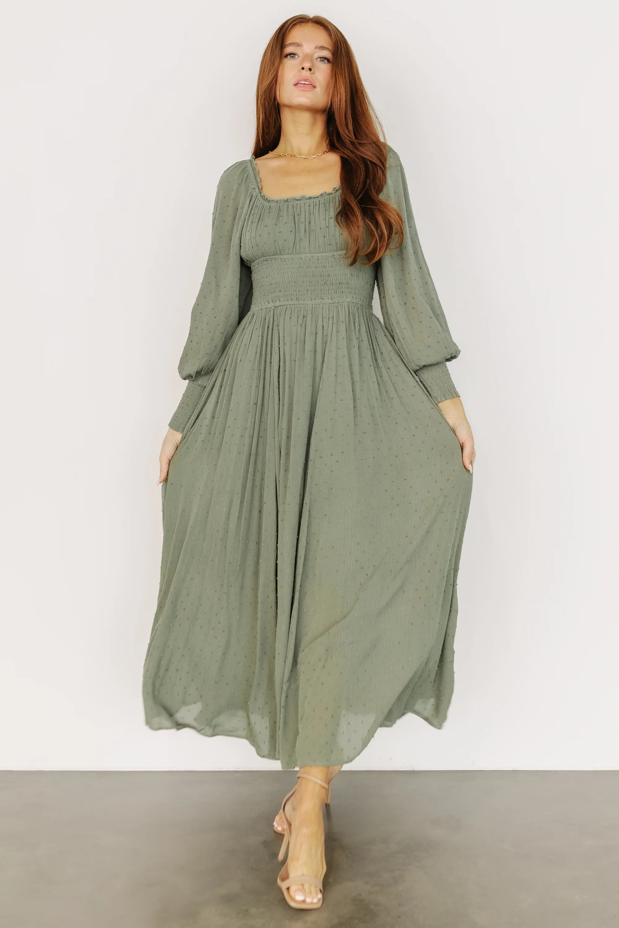 Renata Dot Maxi Dress | Dusty Olive | Baltic Born