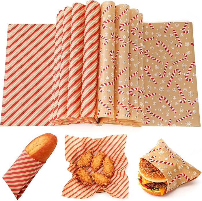 Maitys 200 Sheets Christmas Wax Paper Sheet for Food Christmas Candy Cane Snowflake Red Striped H... | Amazon (US)