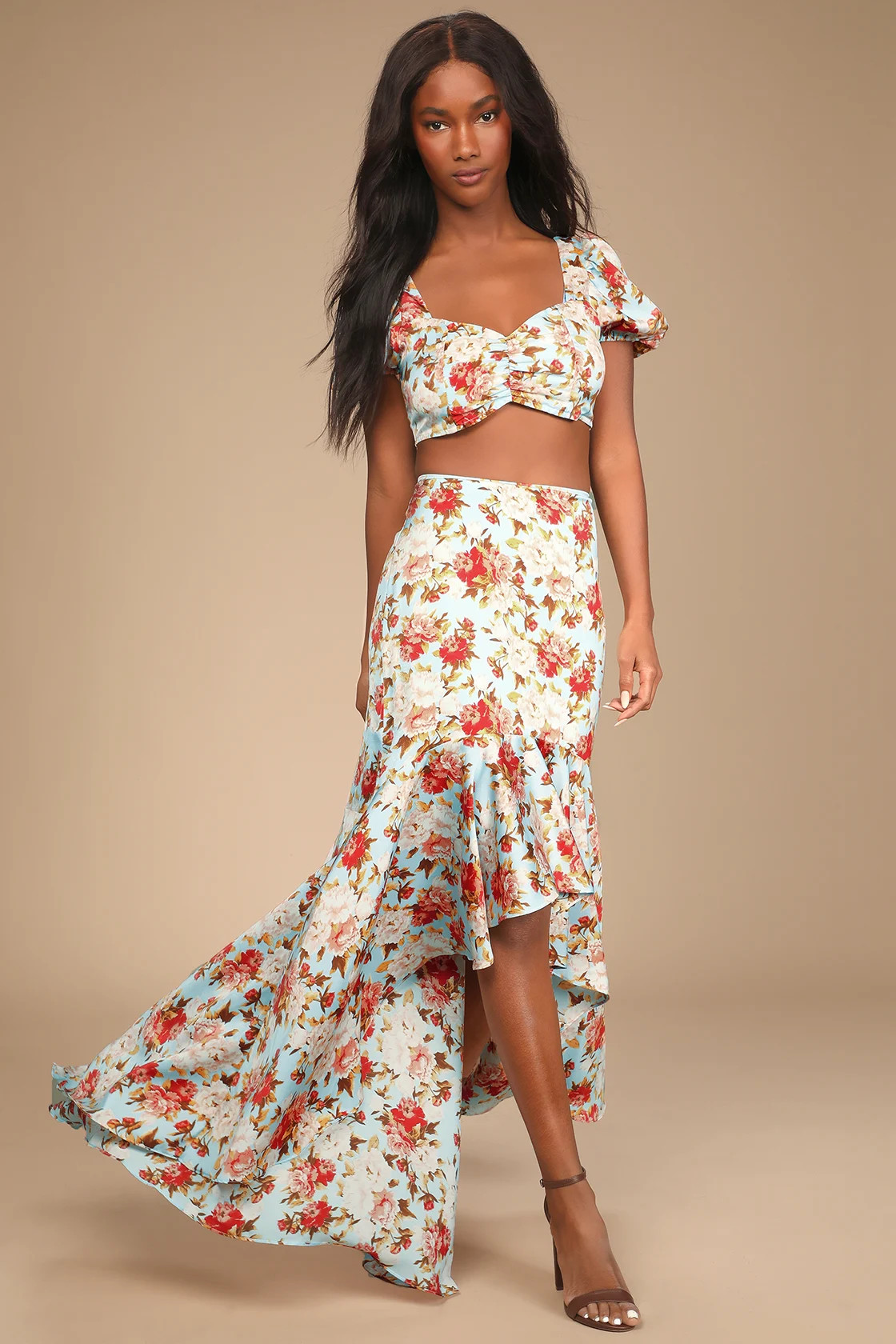 Easily Enchanting Light Blue Floral Print Puff Sleeve Crop Top | Lulus (US)