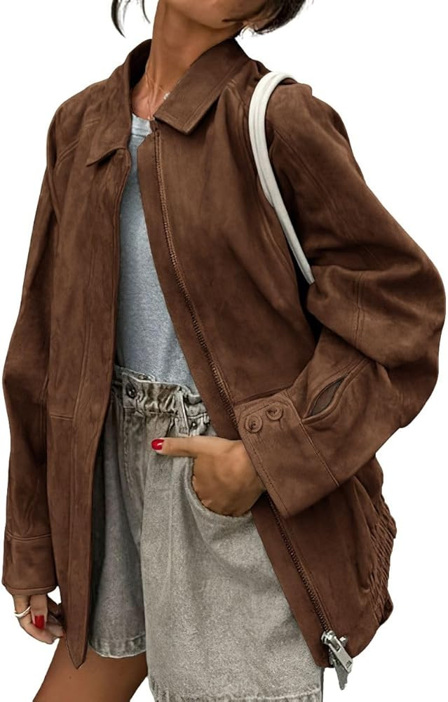 chouyatou Women's Casual Zip Up Faux Suede Leather Bomber Jacket Vintage Motorcycle Coats Fall Y2... | Amazon (US)