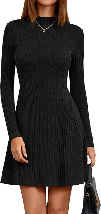 KIRUNDO Women's Sweater Dress 2025 Fall Lightweight Long Sleeve Mock Neck A Line Fit and Flare Ri... | Amazon (US)