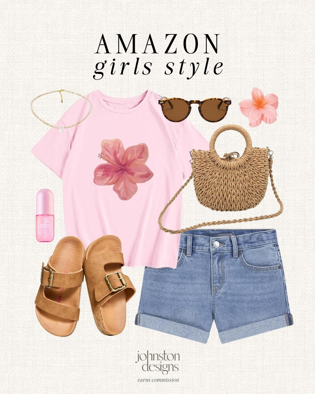 Amazon girls style featuring a pink floral graphic tee paired with classic denim shorts. 🌺

Neutral double strap sandals and a woven crossbody bag for an easy, put together look, finished with tortoise sunglasses and simple accessories for a playful, everyday outfit.

#amazonfinds #girlsfashion #kidsstyle #summeroutfits #casualstyle #denimshorts #affordablefashion #girlsstyle #everydayoutfit #ltkstyle 

 #LTKootd #LTKTravel #LTKKids