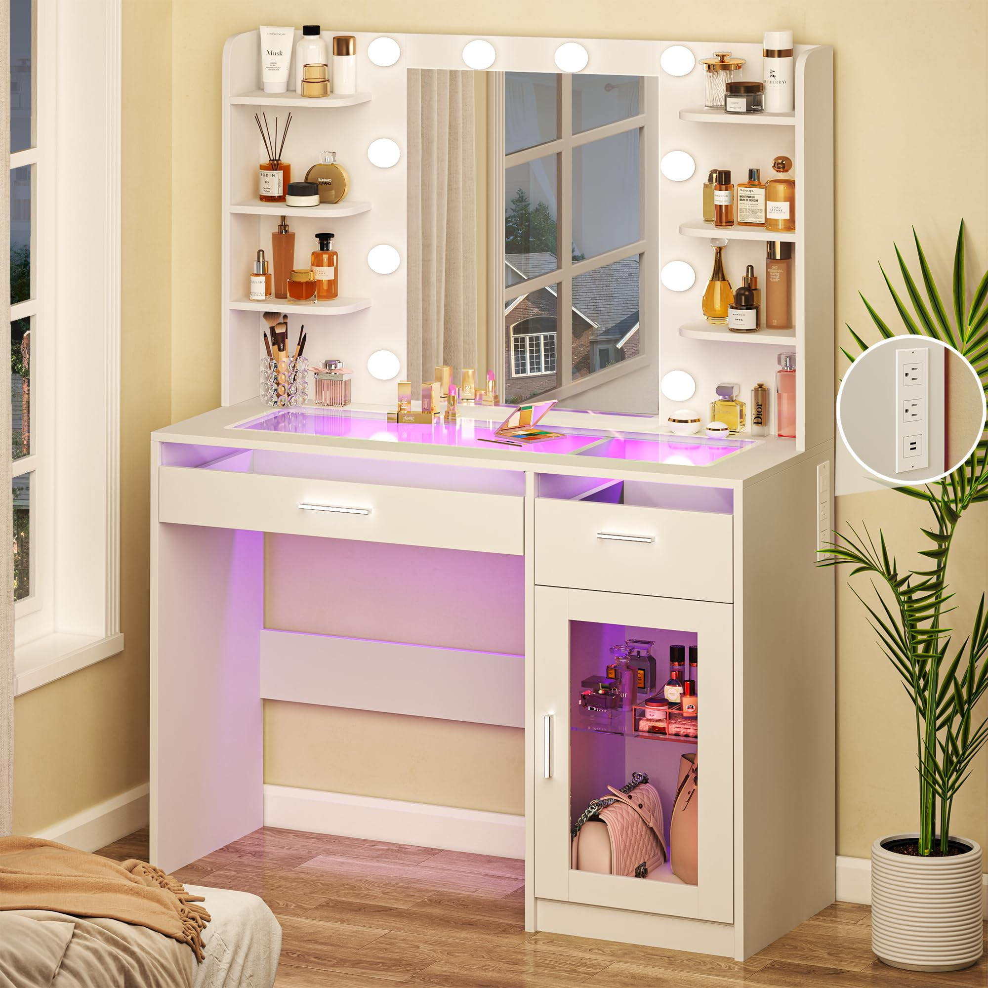 Amazon.com: HUAHUU Vanity Desk with Mirror and Lights, Makeup Vanity Desk with Lights 3 Colors, T... | Amazon (US)