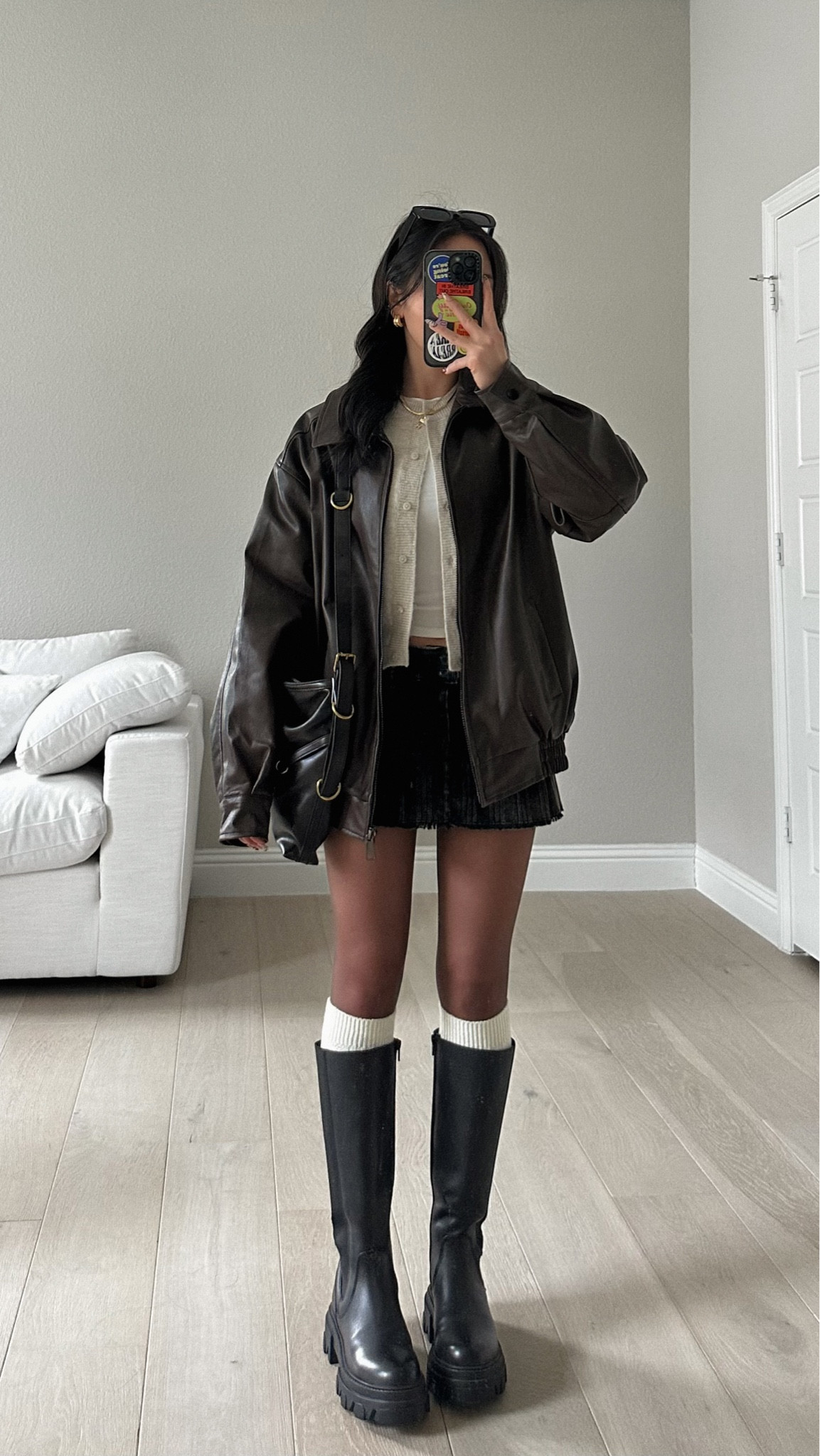 cardigan - size xxs 
white tee - size US 0
skirt is old (urban) 
jacket is motel rocks 
tights are in color black
exact boots are linked but limited stock so i also linked a similar option

#LTKSpringSale #LTKstyletip #LTKsalealert