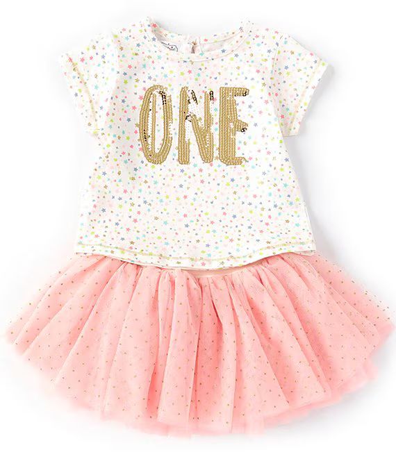 Mud PieBaby Girls 12-18 Months Short-Sleeve First Birthday Dotted Tee & Sequin Tutu Set | Dillards