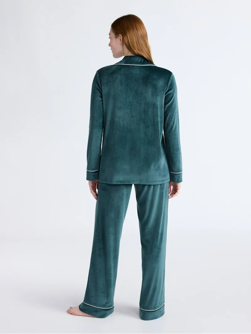Joyspun Women’s Stretch Velour Notch Collar Long Sleeve Pajama Set, Sizes XS to 4X | Walmart (US)