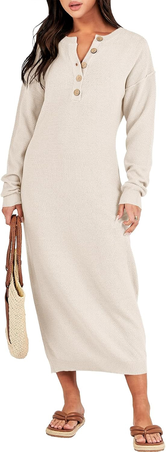 ANRABESS Women Sweater Dress Long Sleeve Button V Neck Oversized Casual Loose Fall Waffle Knit Lo... | Amazon (US)