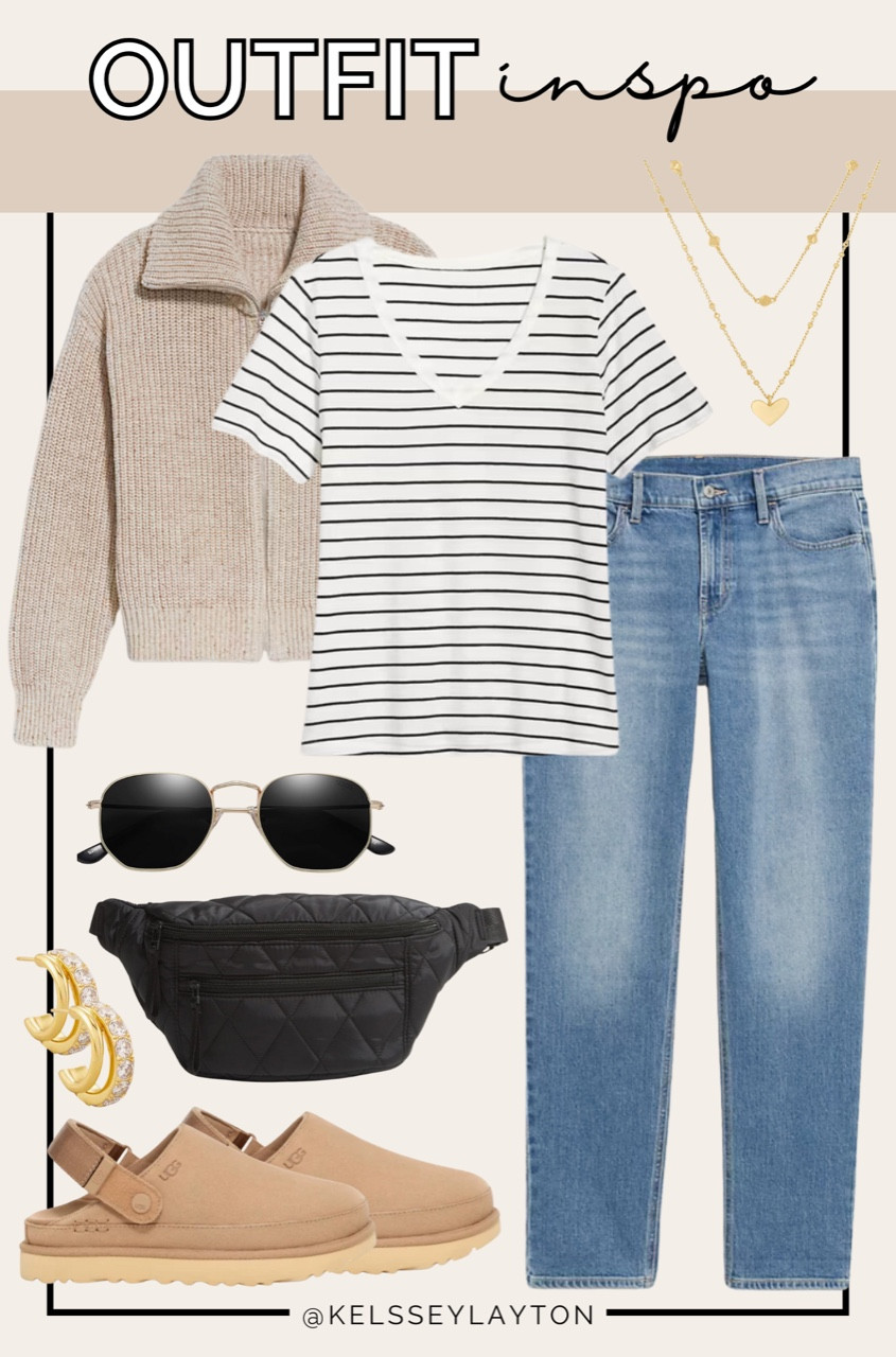 Outfit idea, old navy, striped tee, zip up sweater, Uggs, black belt bag

#LTKFindsUnder50 #LTKStyleTip #LTKSaleAlert
