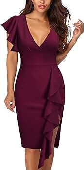 Knitee Women's Deep-V Neck Ruffle Sleeves Cocktail Party Pencil Slit Formal Dress | Amazon (US)