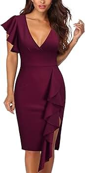 Knitee Women's Deep-V Neck Ruffle Sleeves Cocktail Party Pencil Slit Formal Dress | Amazon (US)