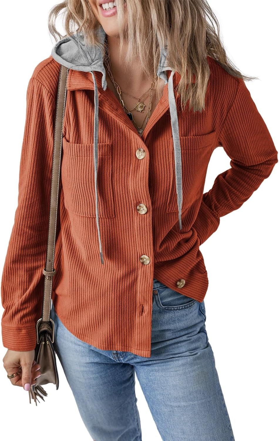 HERILIOS Women Long Sleeve Shacket Jacket Button Down Corduroy Hooded Coats | Amazon (US)
