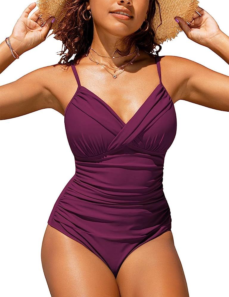 Hilor Women's One Piece Swimsuits Front Twist Swimwear V Neck Shirred Bathing Suit Monokini Tummy... | Amazon (US)