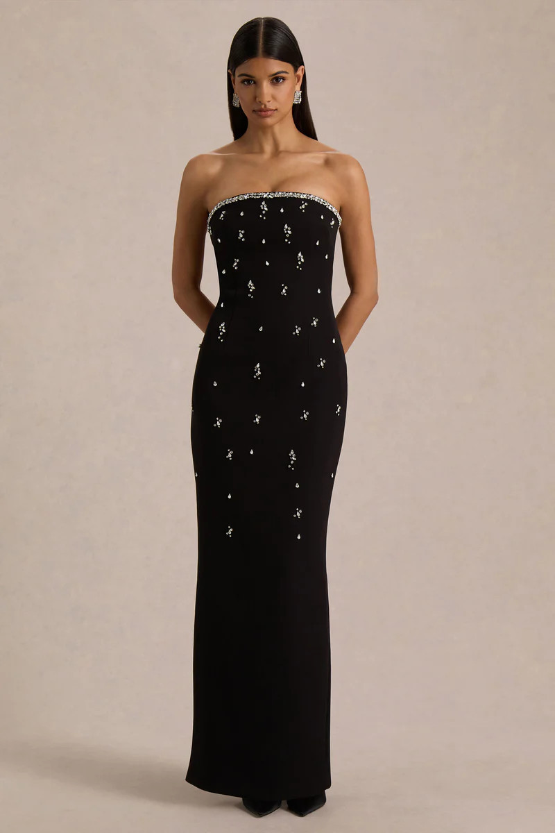 Rominia  Black Bandeau Hand-Embellished Maxi Dress | Club L London