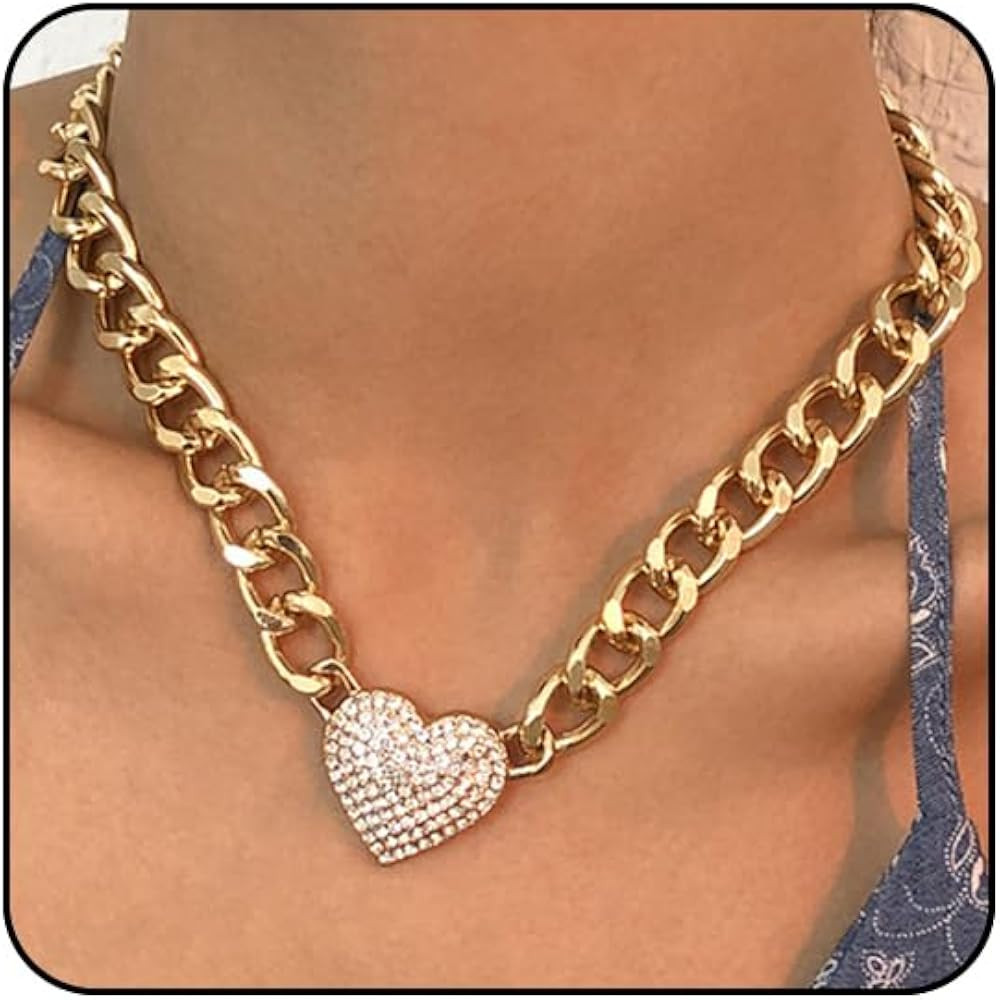 Heart Necklaces for Women Silver Heart Choker Gold Heart Necklace Cuban Link Chain Gold Chunky Ne... | Amazon (US)