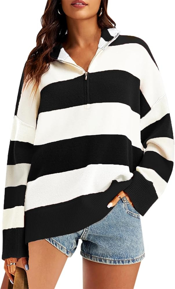 Womens Striped Oversized Sweaters Trendy Quarter Zip Long Sleeve Loose Knit Pullover Fall Color B... | Amazon (US)