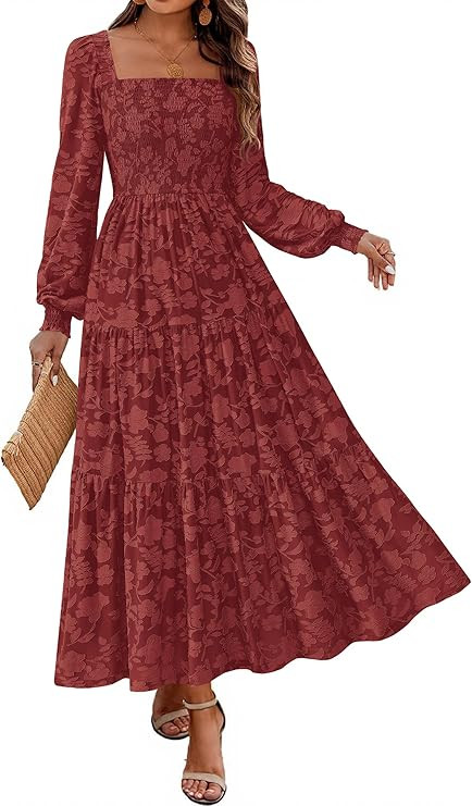 KIRUNDO Wedding Guest Dresses for Women Spring 2026 Long Sleeve Smocked Floral Flowy A Line Boho ... | Amazon (US)
