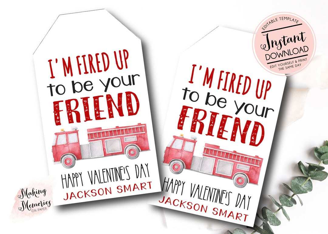 Fire Truck Valentine's Day Card, Fire Truck Valentine Favor Tag, Fireman, School Valentine, Presc... | Etsy (US)