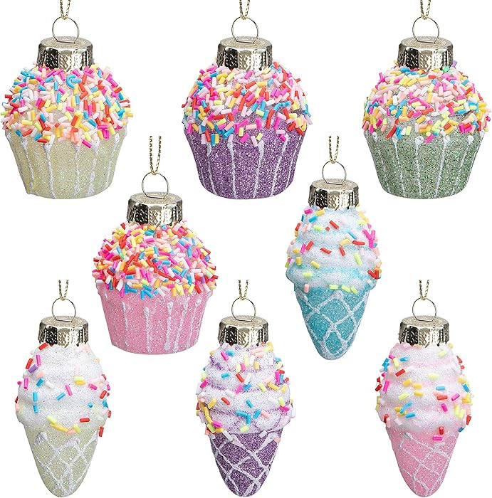 8 Pcs Christmas Tree Ice Cream Cupcake Ornaments, Glitter Macaron Color Cake Ice Cream Glass Hang... | Amazon (US)