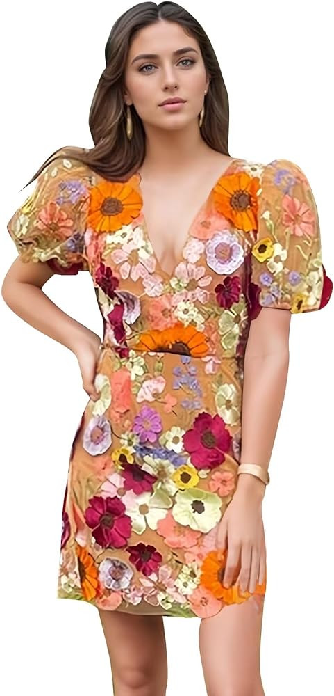 3D Floral Embroidery Homecoming Dresses Puffy Sleeve V Neck Bodycon Party Cocktail Mini Summer Dr... | Amazon (US)