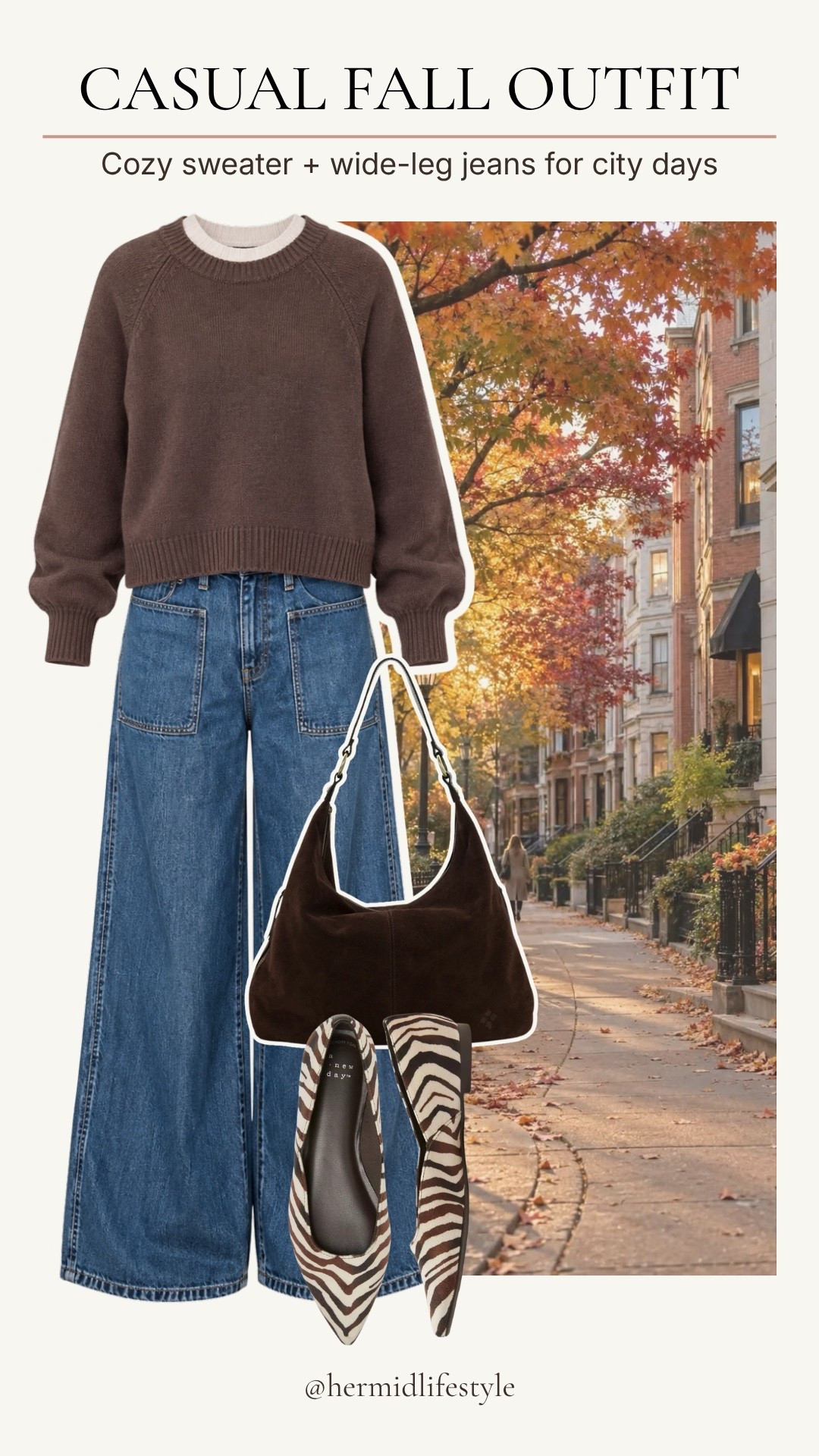 This cozy fall outfit pairs a rich brown sweater with wide-leg jeans for an easy city-day look. I love the little pop of zebra print with the flats—it adds interest while keeping everything comfortable and wearable.

#LTKootd #LTKdayinmylife #LTKOver40