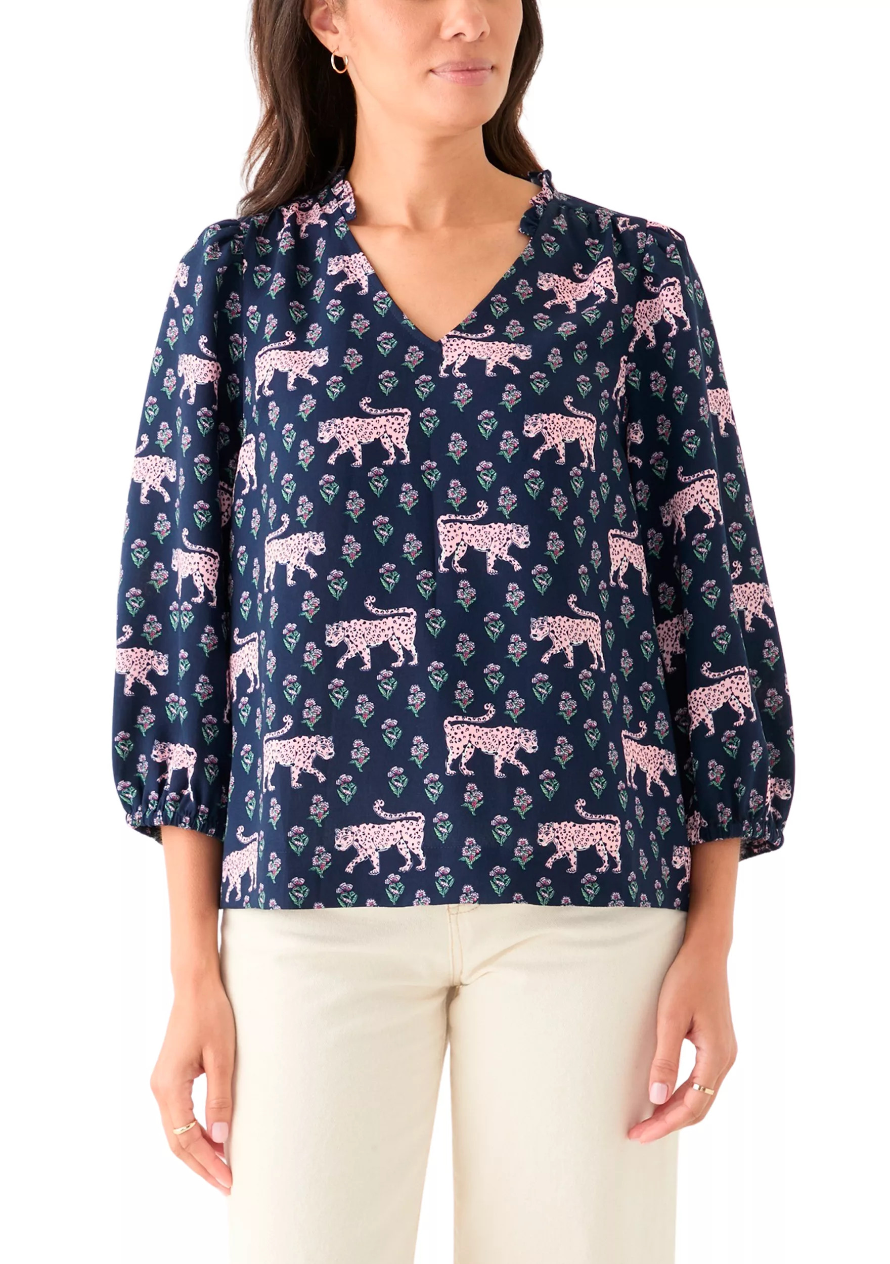 Women's 3/4 Sleeve Shirred Shoulder Printed Peasant Top | Belk