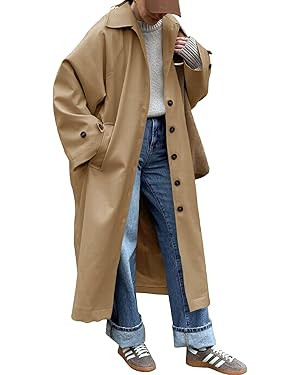 Tankaneo Womens Long Trench Coat Single Breasted Oversized Windproof Classic Lapel Fall Overcoat | Amazon (US)