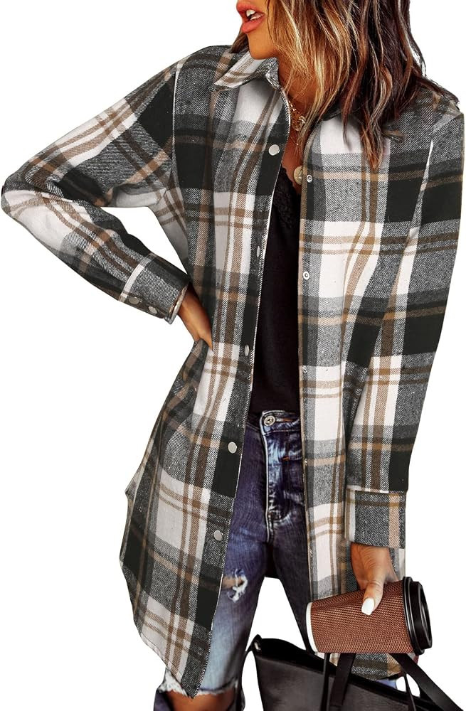 EVALESS Womens Flannel Shacket Jacket Plaid Button Down Shirts | Amazon (US)