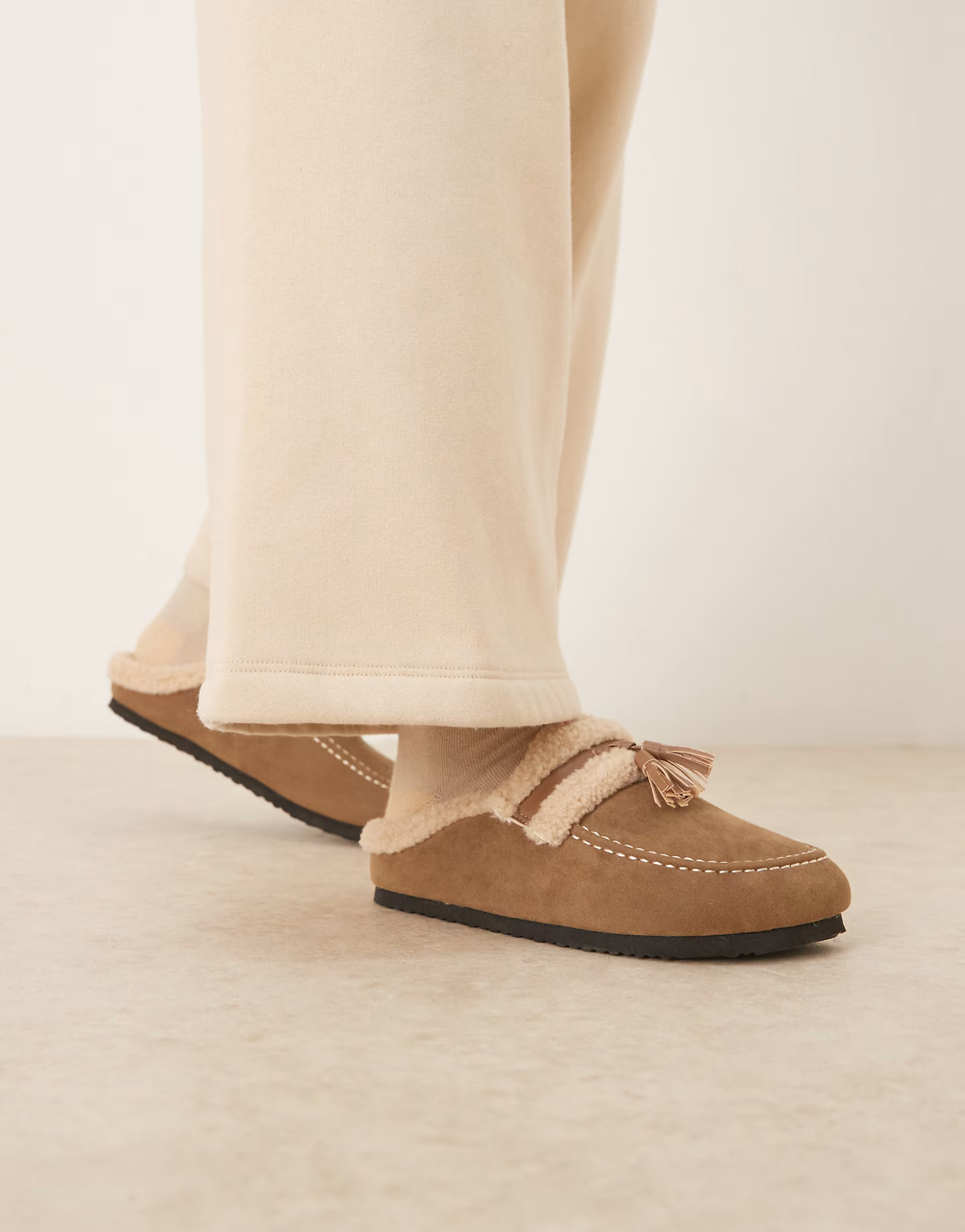 Glamorous Wide Fit fluffy slip on mules in taupe | ASOS (Global)