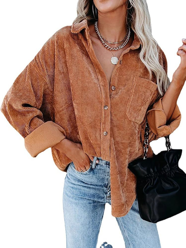 Women Corduroy Button Down Shacket Casual Shirt Jacket Long Sleeve Boyfriend Blouses Tops | Amazon (US)