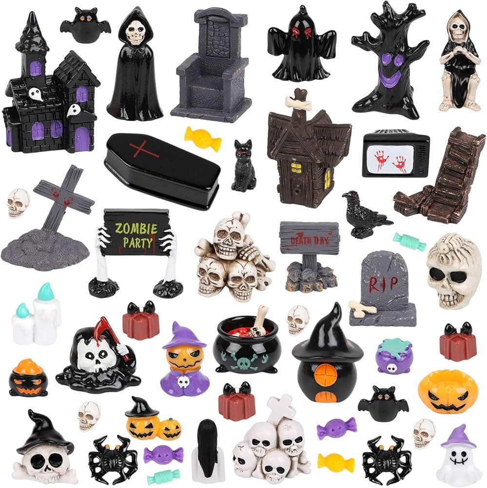 CCINEE 48pcs Halloween Mini Resin Figurines for Crafts, Miniature Skull Ghost Pumpkin Figures to ... | Amazon (US)