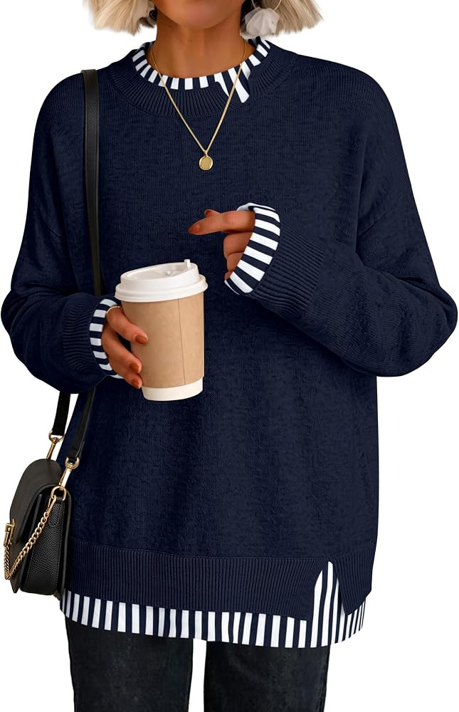 ANRABESS Womens Oversized Sweater Fall Crewneck Patchwork Teacher Outfits | Amazon (US)