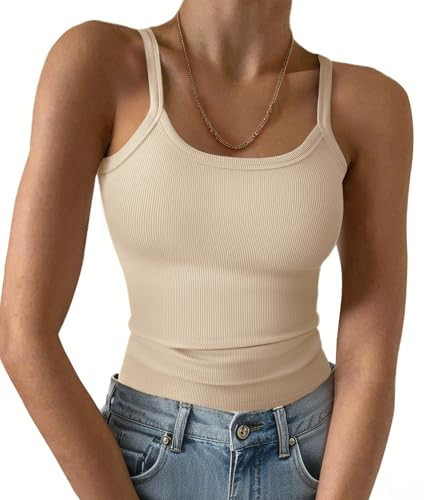 GKBK Ribbed Tank Tops for Women Spaghetti Strap Scoop Neck Slim Fitted Basic Sleeveless Casual Workout Cami Shirts Beige S | Amazon (US)