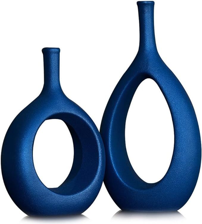 Matt Ceramics Vase - Set of 2 Handmade Oval Geometric Flowers Vase - Interior Home Decoration Acc... | Amazon (US)