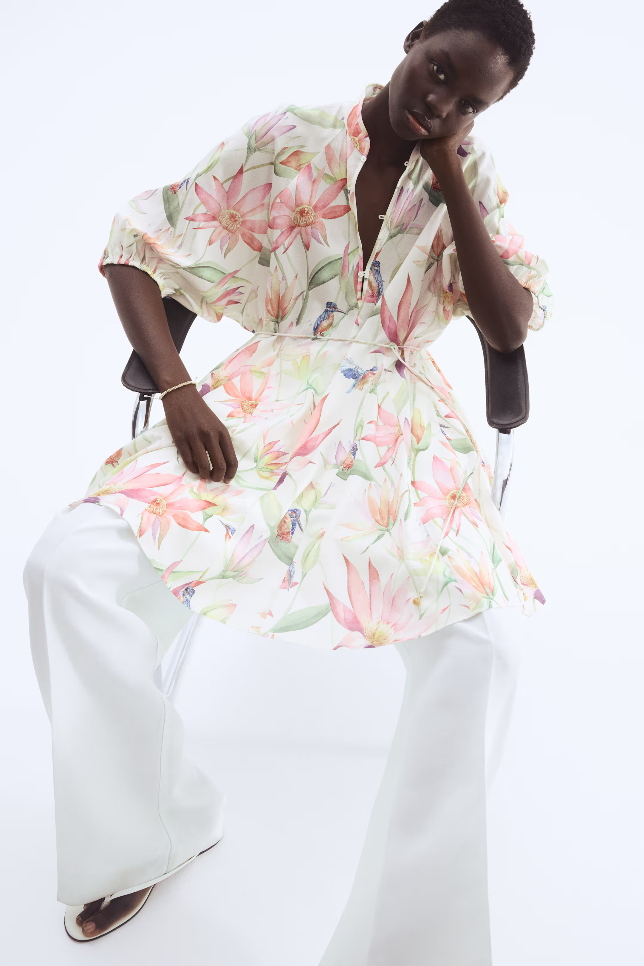 Tie-Belt Dress - White/floral - Ladies | H&M US | H&M (US + CA)