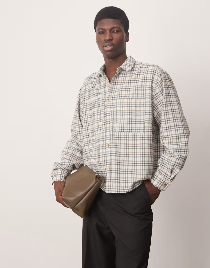 ASOS DESIGN oversized boxy flannel shirt in beige check-Neutral | ASOS (Global)