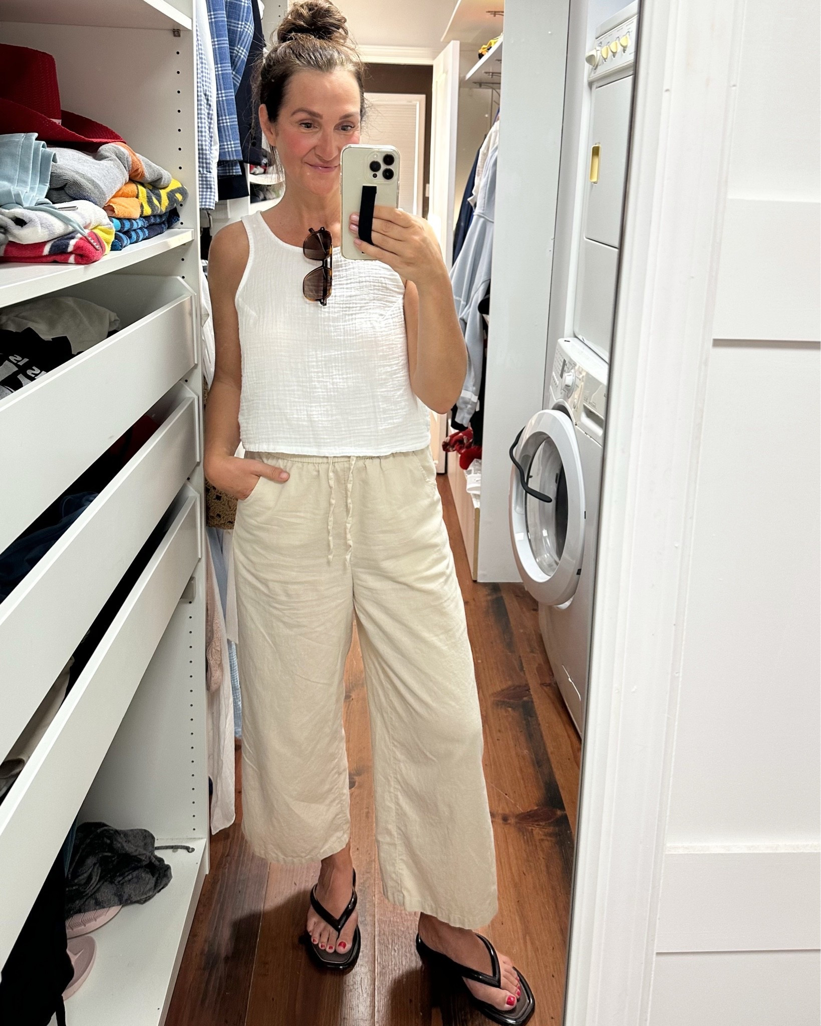 Patio drinks on a hot day! Pants are old from Grae Cove but I linked the top, wearing my usual small and the jelly flip flops, I sized down 1/2 size

#LTKOver40 #LTKootd