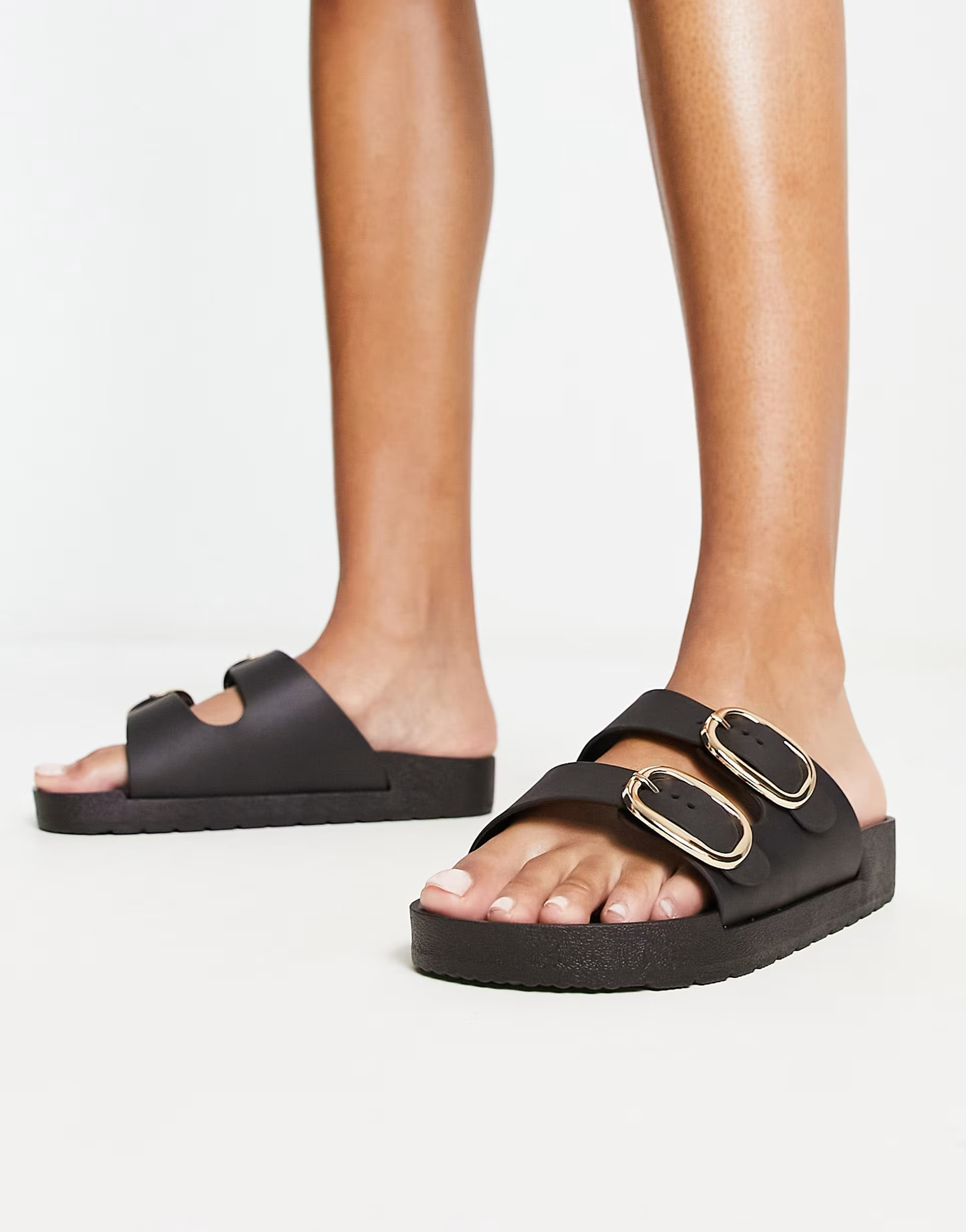 London Rebel double buckle footbed sandals in black | ASOS (Global)