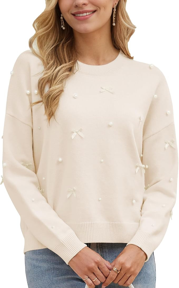 Kedera Fall Sweaters for Women Long Sleeve Crewneck Knit Embellished Bow Tops Loose Fit Y2K Casua... | Amazon (US)