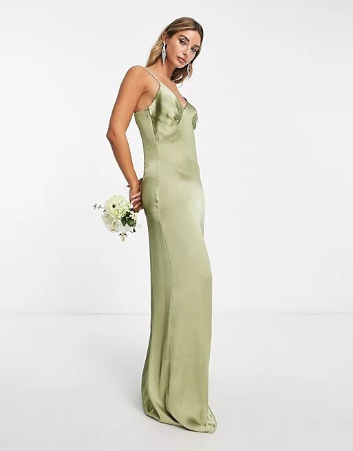 Pretty Lavish Bridesmaid Ines empire satin maxi dress in soft olive | ASOS (Global)