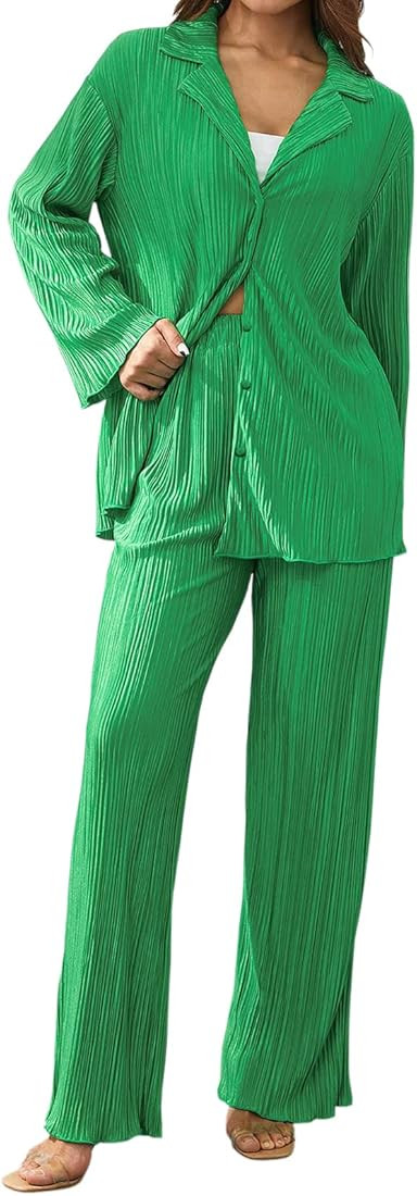 Amazon.com: Womens 2 Piece Pants Set Outfits Oversized Button Down Shirts High Waist Wide Leg Ple... | Amazon (US)